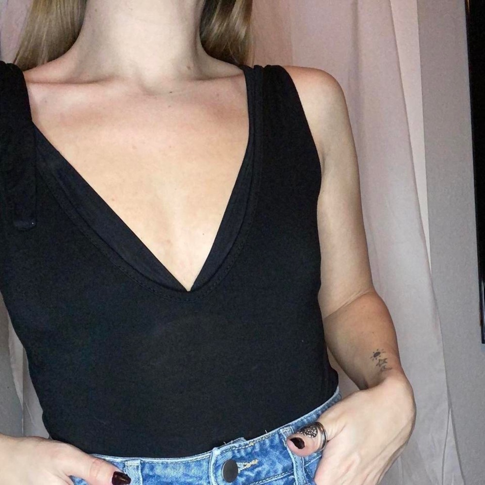 Black deep v body suit with tie straps